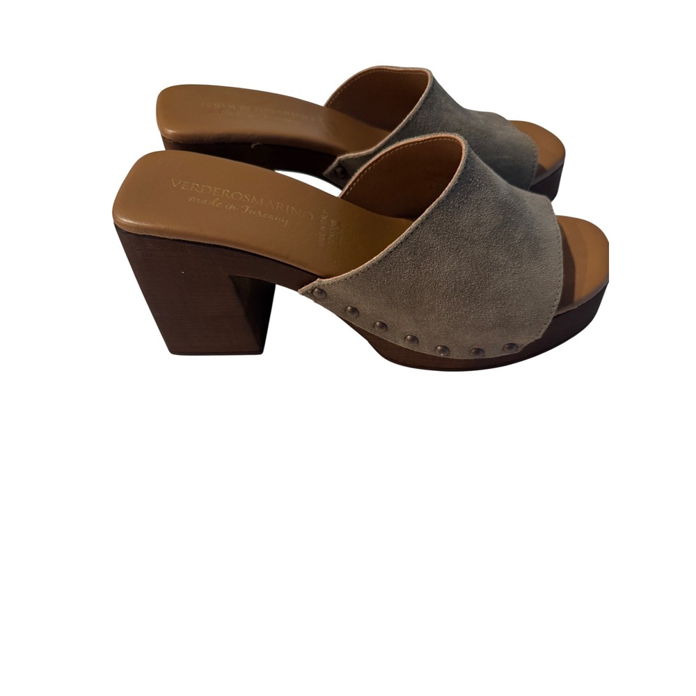 Verderosmarino Italy Suede Wooden Block Heel Slide Sandals Taupe 39